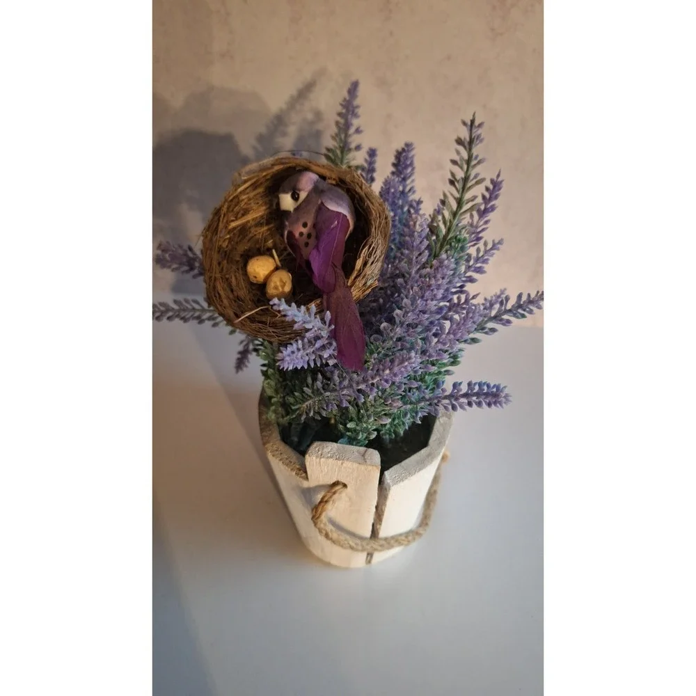 LAVENDER FLORAL ARRANGEMENT FAUX FLOWERS BIRD NEST CERAMIC PLANTER DECOR